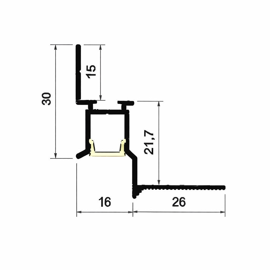 Technical drawing of a metal profile with dimensions on a white background
